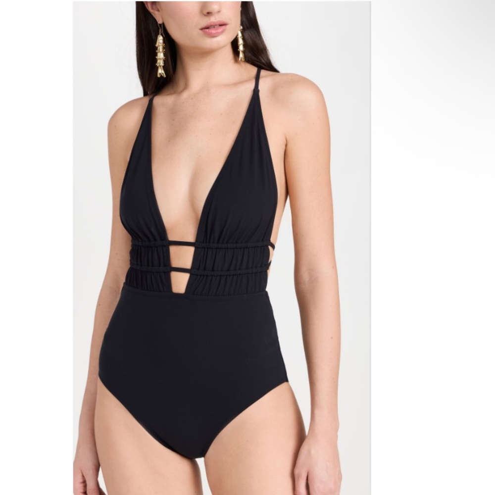 Ulla Johnson Dioni Plunge One Piece Swimsuit Ruched Size Medium New Black - Picture 2 of 14